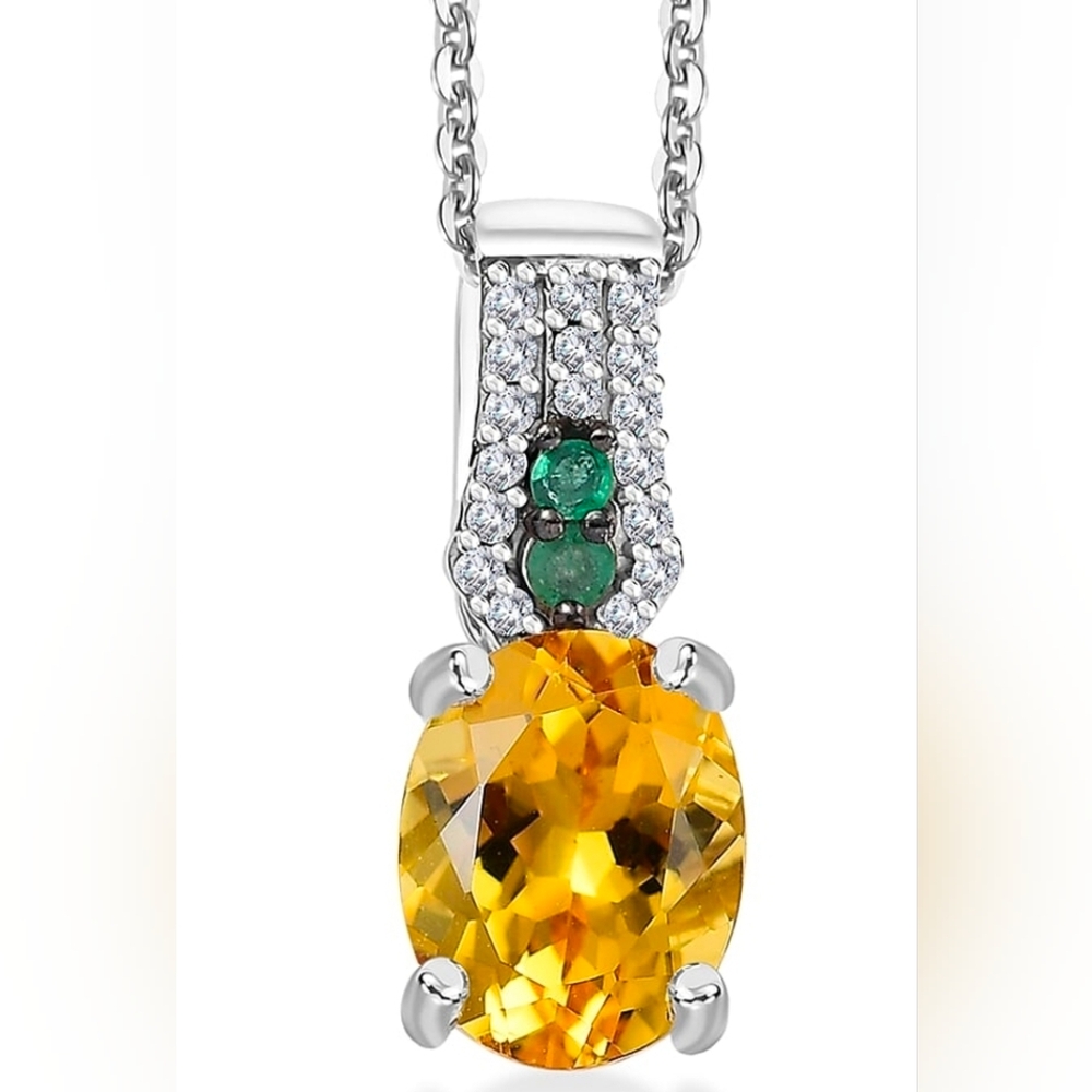 Natural Golden Beryl, Emerald & White Zircon Necklace Sterling Silver Platinum